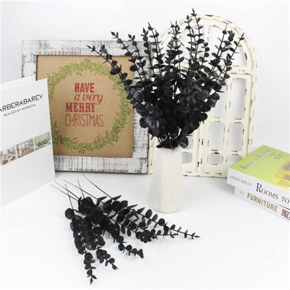 26 Pcs Black Artificial Eucalyptus Stems Faux Halloween Flowers Eucalyptuses - Picture 4 of 7